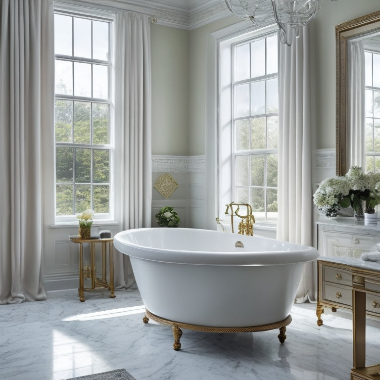 A serene, spacious bathroom with marble countertops, a freestanding tub, and a large window with soft, white curtains, featuring a stylish, floor-to-ceiling cabinet with ornate metal handles and subtle, ambient lighting.