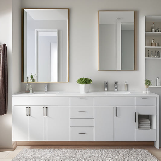 A sleek, modern bathroom with a large mirror, white countertops, and a wall-mounted cabinet with glass doors, showcasing a neatly organized interior with toiletries and towels.
