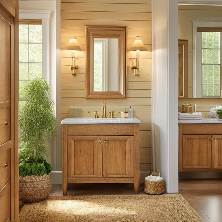 A serene bathroom with warm lighting, featuring a floor-to-ceiling bamboo cabinet with a subtle curve, adorned with natural wood grain patterns, and ornate metal hardware in a soft gold finish.