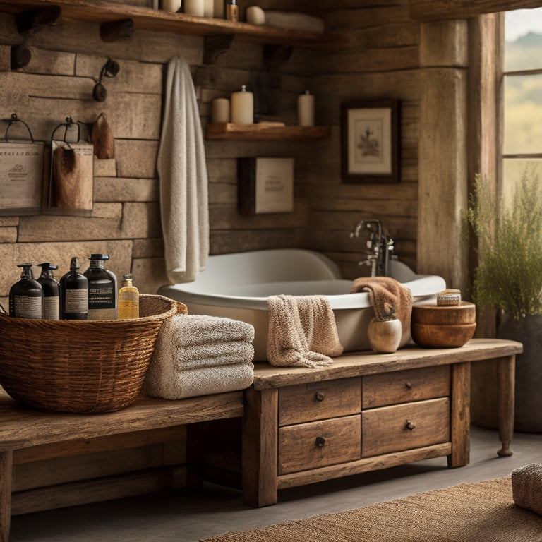 A cozy rustic bathroom featuring reclaimed wood shelves adorned with neatly rolled towels, vintage glass jars filled with bath essentials, and a warm-toned freestanding bathtub, all set against a backdrop of natural stone walls.