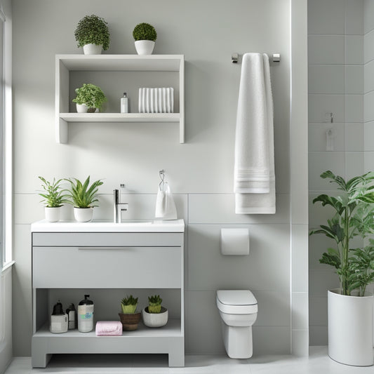 A sleek, modern bathroom with white walls and gray floors, featuring a wall-mounted shelf with three glass shelves, holding rolled towels, decorative soap dispensers, and a small potted plant.