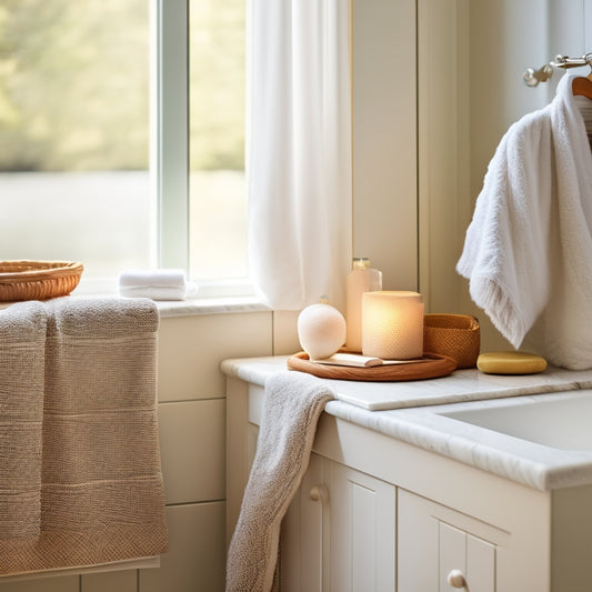 A serene minimalist bathroom featuring sleek wooden towel racks, neatly folded white towels, a simple wicker basket, and a clean marble countertop, with soft natural light streaming through a frosted glass window.
