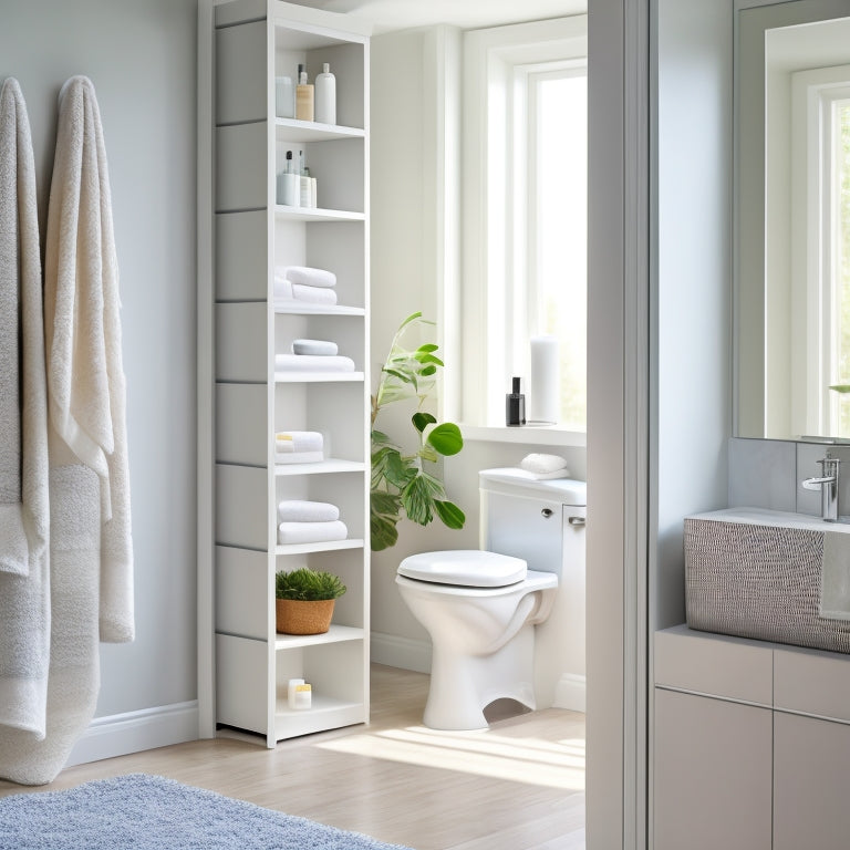 A modern bathroom with sleek, white rotating storage towers, featuring neatly organized towels, toiletries, and beauty products. Soft natural light filters through a frosted window, casting gentle shadows on stylish, minimalist decor.