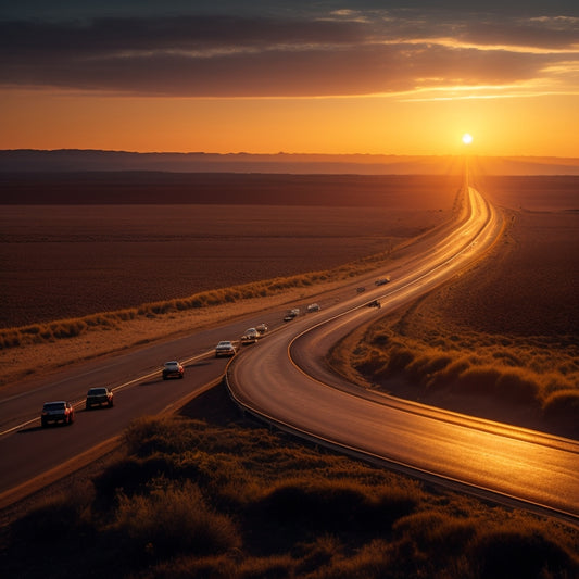 A dramatic, sunset-lit landscape of a highway stretching across the state, with faint silhouettes of people in the distance, and a subtle, broken chain motif woven throughout the scenery.