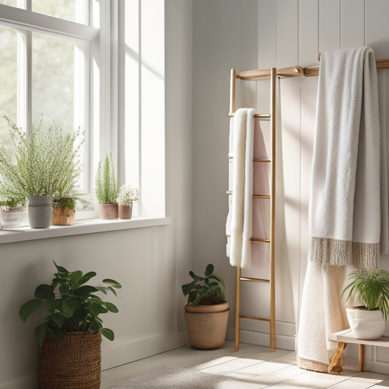 A serene bathroom scene featuring a sleek, white minimalist ladder shelf adorned with neatly rolled towels, small potted plants, and delicate candles, set against soft pastel walls and natural light filtering through a frosted window.