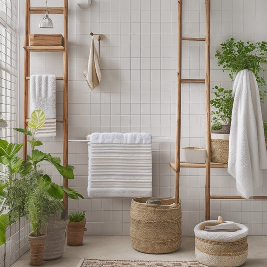 A serene bathroom scene with a wooden decorative ladder shelving unit against a white wall, adorned with rolled towels, potted plants, and a few decorative bathroom accessories.