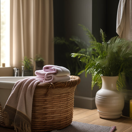 A serene bathroom scene featuring a freestanding tub, plush towels, and a decorative woven basket filled with rolled toiletries, surrounded by lush greenery and soft, warm lighting.