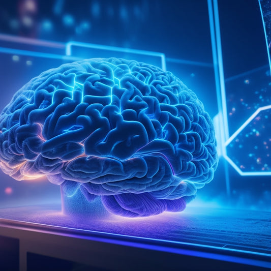 A futuristic, circular brain with glowing blue circuits and neon lines, surrounded by swirling clouds of data and floating screens displaying educational content.
