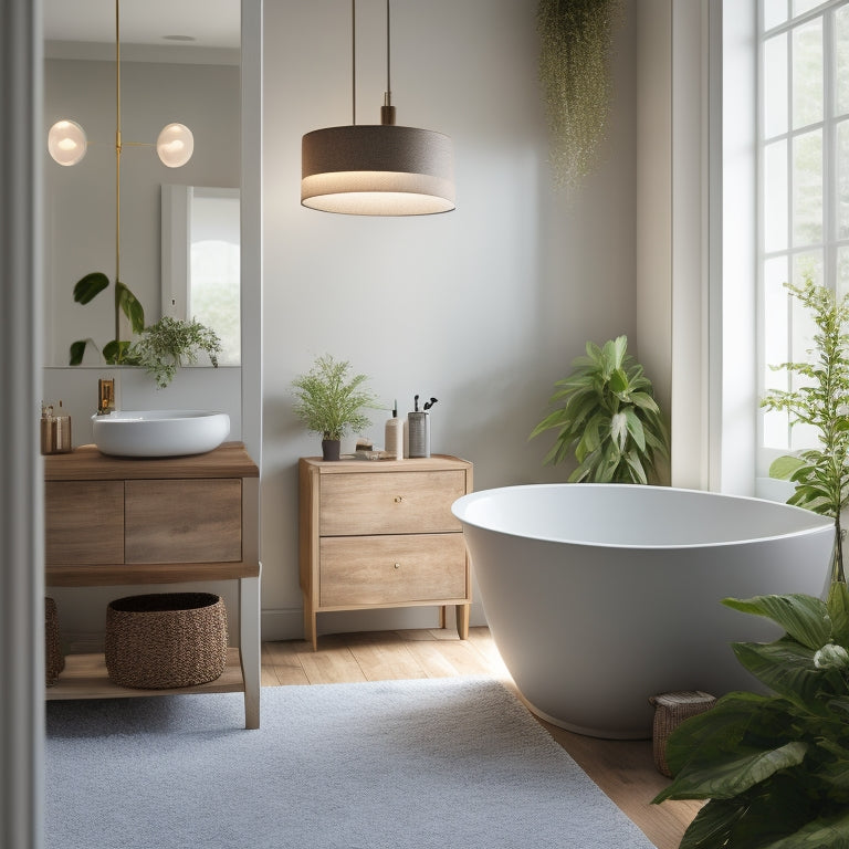A serene bathroom scene featuring a freestanding tub, surrounded by lush greenery, with a minimalist vanity, and a soft, warm light emanating from a pendant fixture above.
