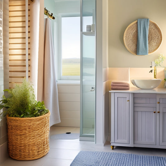 A serene, modern bathroom with a wall-mounted cabinet, a pedestal sink with a slide-out storage drawer, and a woven basket filled with rolled towels, surrounded by soft, natural light.