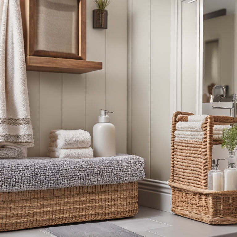 A serene bathroom with three floating shelves in a warm wood tone, holding a decorative soap dispenser, a woven basket, and a few rolled towels, against a soft gray wall.