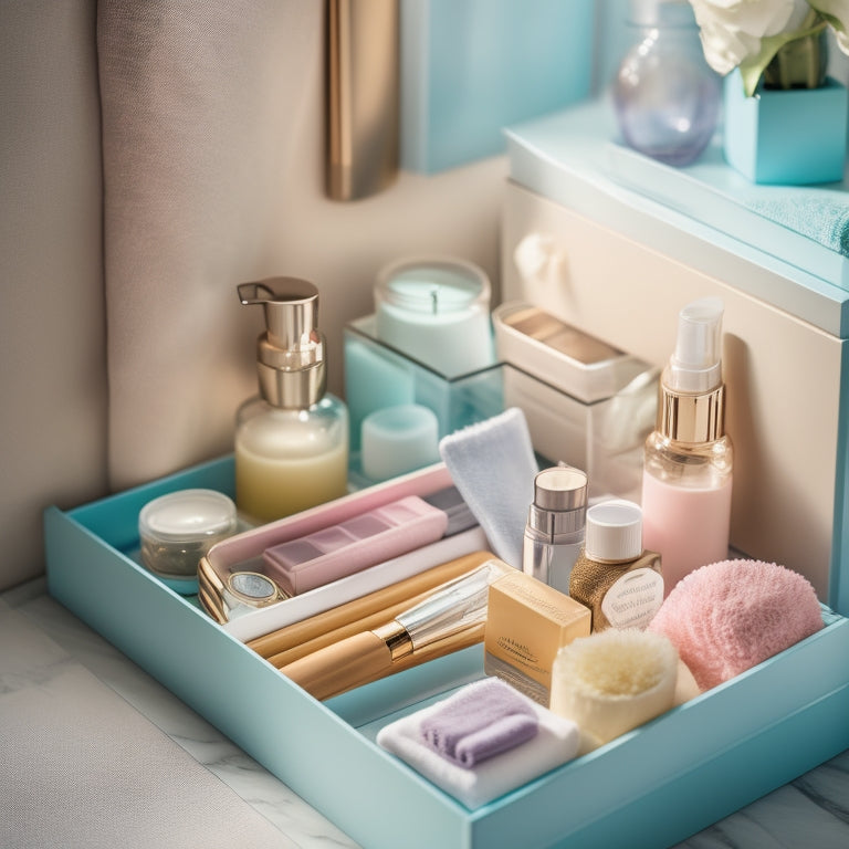 A tidy bathroom drawer filled with stylish, custom inserts organizing various items: skincare bottles, makeup, toothbrushes, and cotton swabs, all in harmonious pastel colors, with soft lighting highlighting the neat arrangement.