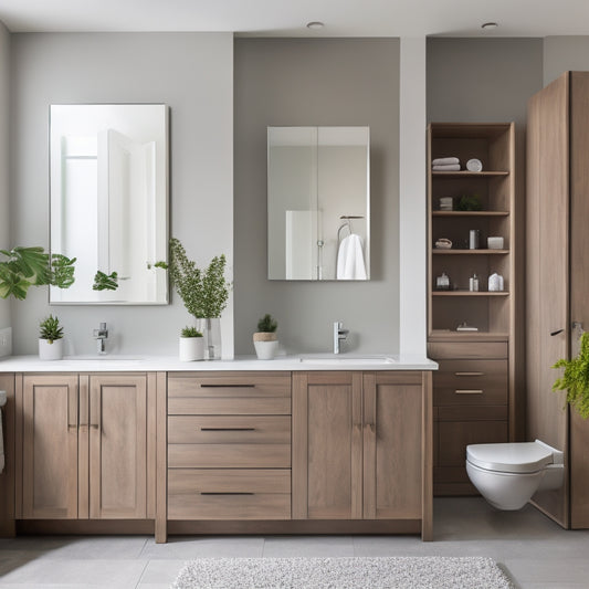 A serene, modern bathroom with three slimline storage cabinets in different sizes and finishes, positioned against a soft gray wall, surrounded by elegant fixtures and minimal decor.