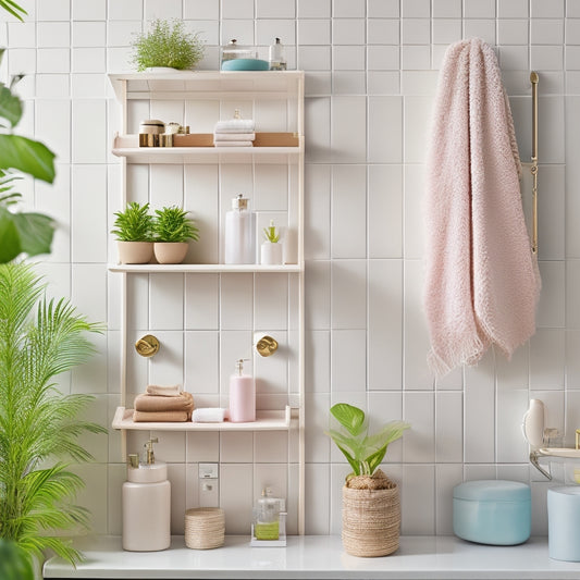 A chic bathroom scene featuring elegant wall-mounted shelves, adorned with neatly organized towels, decorative jars, and small plants, set against a soft pastel wall. Stylish hooks for accessories complement the modern aesthetic.