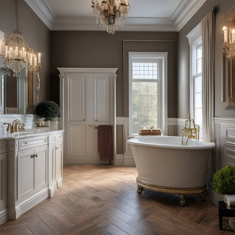 A luxurious bathroom with a large, freestanding tub, surrounded by cream-colored walls and dark wood flooring, featuring a glass door cabinet with ornate metal hardware and subtle LED lighting.