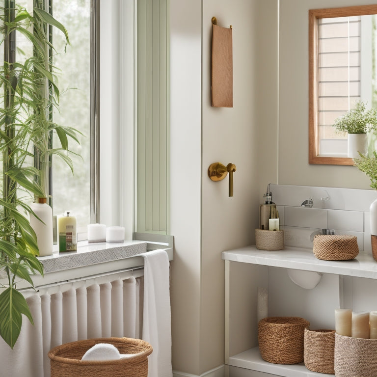 A serene bathroom scene featuring elegant bamboo shelves filled with neatly organized toiletries, lush green plants, and soft towels, complemented by natural light streaming through a frosted window, creating a tranquil, eco-friendly atmosphere.