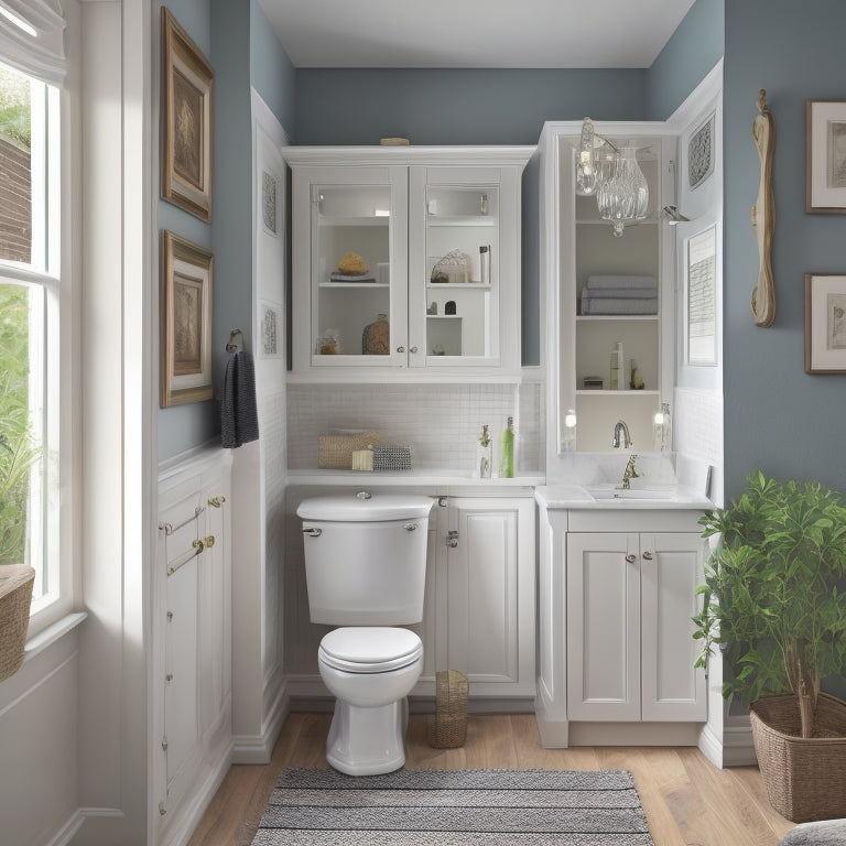 A narrow bathroom with a pedestal sink, featuring a wall-mounted cabinet with a mirrored door, a recessed medicine cabinet, and a tiered storage shelf above the toilet.