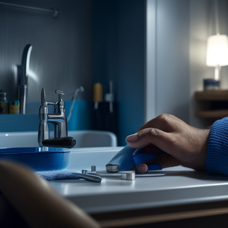 A close-up of a person's hands holding a screwdriver, surrounded by wall-mounted vanity shelf components, with a faint outline of a bathroom sink and mirror in the background.