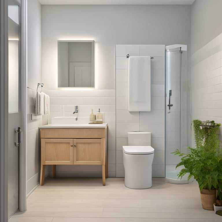 A serene, white-tiled bathroom with a sleek, wall-mounted sink cabinet, a minimalist toilet, and a compact, storage-optimized shower enclosure, illuminated by soft, warm LED lighting.