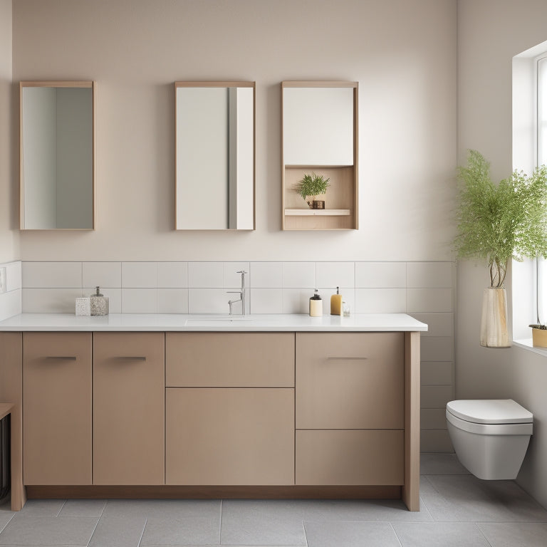 A minimalist bathroom with 5 wall-mounted sink cabinet sets, each with a unique design, layout, and material, against a light gray background, with soft, warm lighting and subtle shadows.