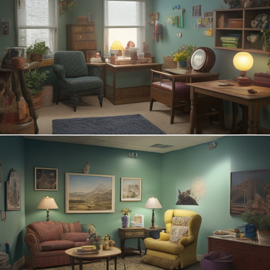 A split-screen image featuring a cluttered, dimly lit traditional speech therapy room on one side and a bright, modern virtual space with interactive tools and colorful widgets on the other.