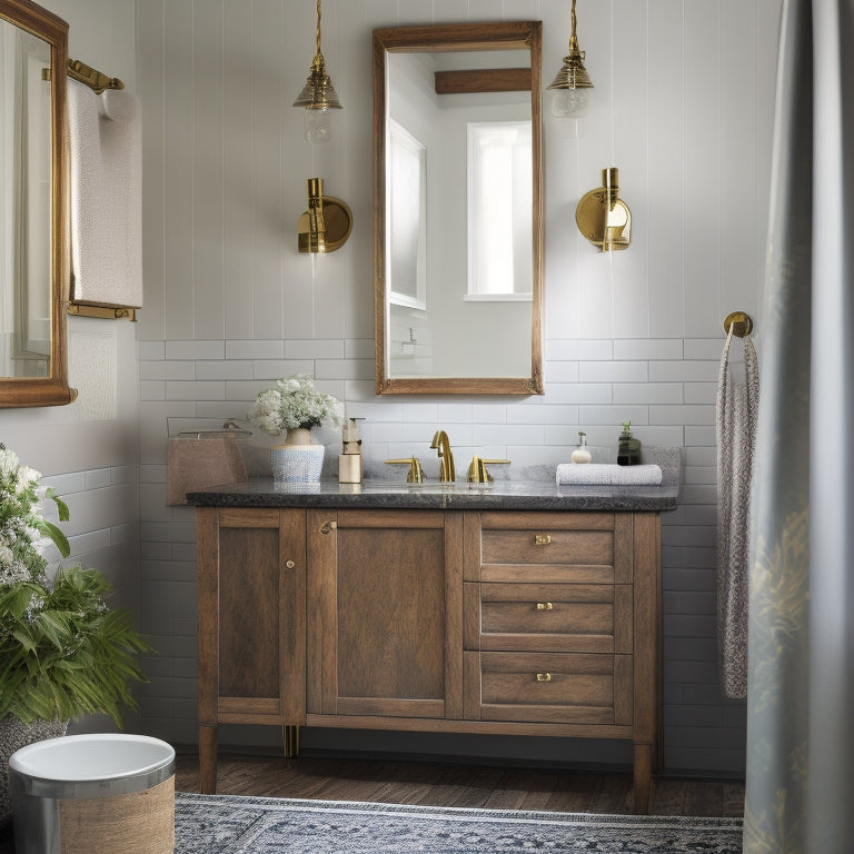 A serene bathroom scene featuring three stylish vanities: a modern floating sink with brass fixtures, a rustic wooden cabinet with ornate metal hardware, and a sleek, wall-mounted console with a vessel sink.