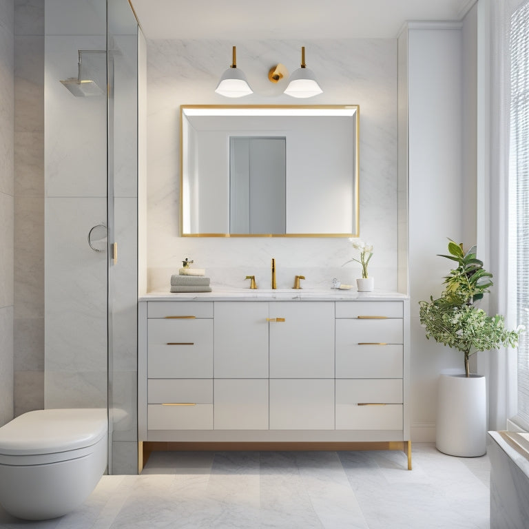 A sleek, modern bathroom with a freestanding cabinet vanity featuring soft-close drawers, a Carrara marble countertop, and a wall-mounted mirror above, surrounded by LED-lit floor tiles and a neutral-colored wall.