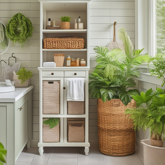 A tidy bathroom cabinet with soft, warm lighting, featuring adjustable shelves, wicker baskets, and stacked containers in calming whites and creams, surrounded by a few lush green plants.