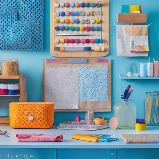 A clutter-free workspace with a DIY wall organizer, featuring 12 neatly arranged pockets in a honeycomb pattern, adorned with colorful threads, buttons, and fabric scraps, surrounded by a few artfully placed craft tools.