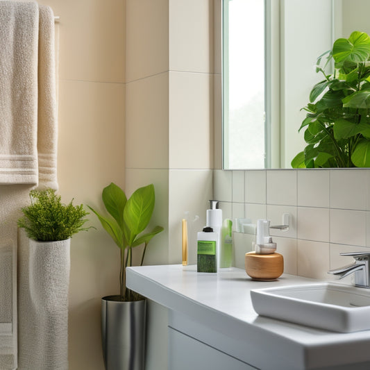 A serene bathroom with a sleek, wall-mounted, rectangular floating shelf in polished chrome, holding a few rolled towels, a minimalist soap dispenser, and a small potted plant.