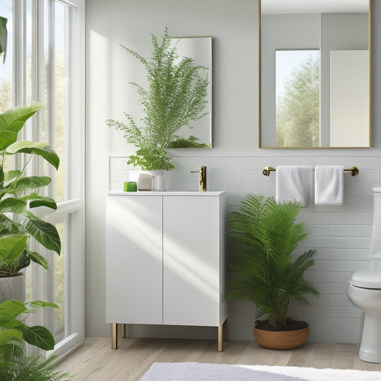 A serene bathroom scene featuring a sleek, white minimalist cabinet with clean lines, surrounded by natural light, potted plants, and elegant accessories, showcasing a blend of functionality and modern design elements.
