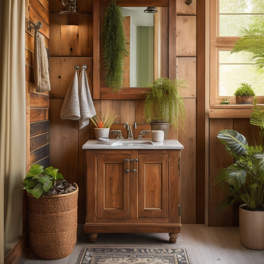 A cozy bathroom scene featuring a rustic freestanding cabinet made of reclaimed wood, adorned with vintage decor, soft lighting, potted plants, and warm neutral tones, creating an inviting and serene atmosphere.