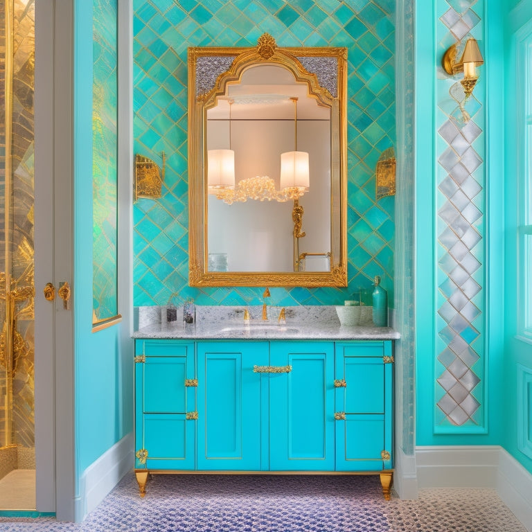 A whimsical bathroom scene featuring a statement wall cabinet with iridescent glass doors, surrounded by bold, geometric tiles, and adorned with a show-stopping, oversized, crystal chandelier.