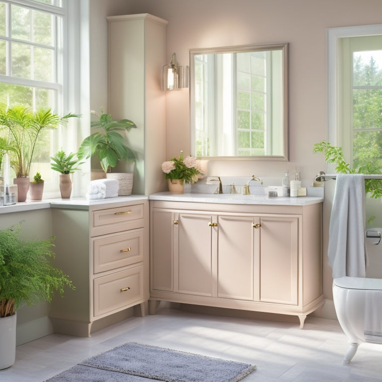 A serene bathroom scene featuring sleek slimline cabinets in soft pastel colors, neatly organized with towels, toiletries, and decorative plants, illuminated by natural light streaming through a frosted window.