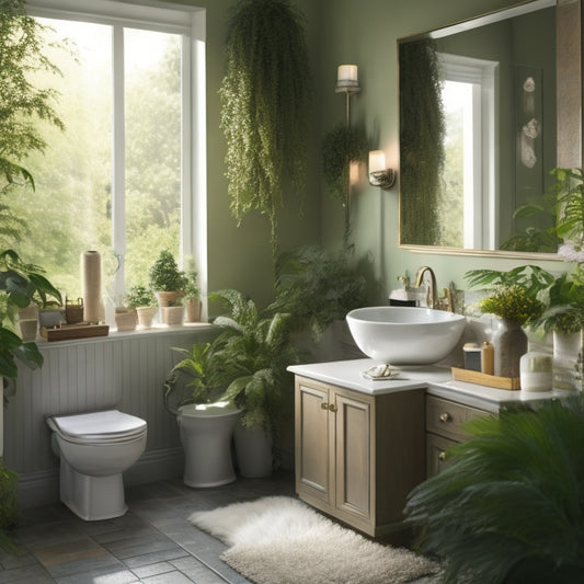A serene, well-lit bathroom with a gleaming sink, toilet, and shower, surrounded by lush greenery and a few strategically placed cleaning tools, with a faint hint of freshness in the air.