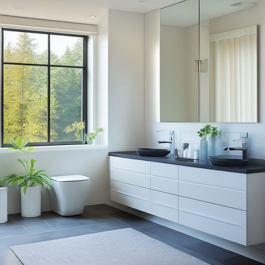 A serene minimalist bathroom featuring sleek white cabinetry, a floating vanity with a vessel sink, matte black fixtures, and large format tiles, complemented by soft natural light filtering through a frosted window.