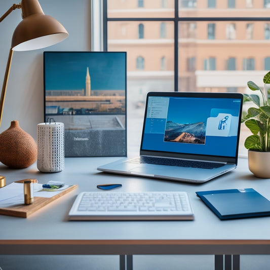 A minimalist, modern desk with a sleek laptop and a few BluePrint Ceramics pieces, surrounded by scattered design sketches, colorful pens, and a subtle cityscape background with blurred LinkedIn icons.