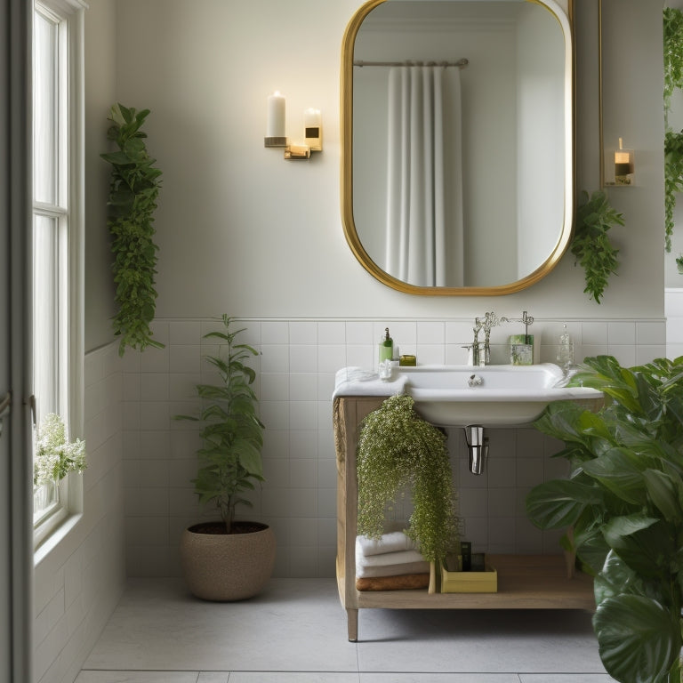 A serene bathroom with a large, rectangular mirror above a floating shelf, adorned with lush greenery and candles, against a soft, creamy wall with subtle marble veining.