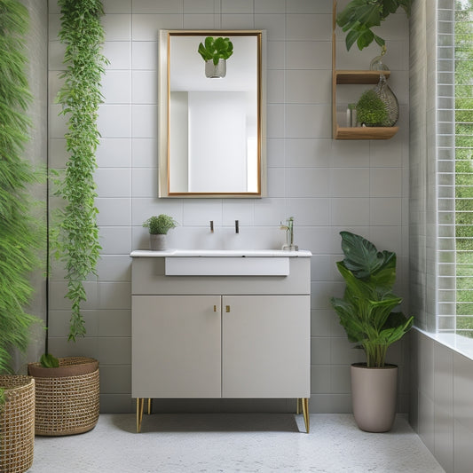 A sleek, modern bathroom featuring a stylish waterproof freestanding cabinet in a serene color palette, surrounded by elegant tiles, soft lighting, and lush greenery, showcasing a perfect blend of functionality and aesthetic appeal.