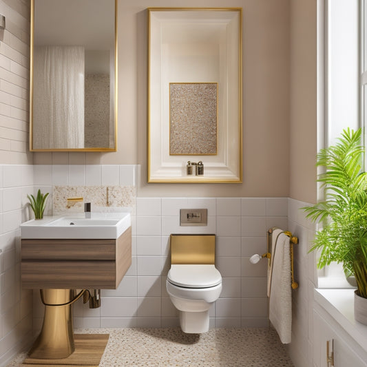 A modern bathroom with a neutral-toned wall adorned with a mix of framed mirrors, decorative tiles, and a statement piece of abstract artwork above a sleek, wall-mounted toilet.