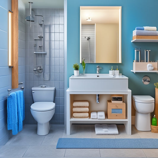 A clutter-free, modern bathroom with a toilet, sink, shower, and bathtub, featuring a few strategically placed boxes and baskets containing rolled towels, toiletries, and cleaning supplies.