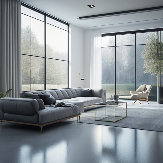 A modern living room with a sleek, minimalist aesthetic, featuring a modular sofa, floor-to-ceiling windows, and a 3D floor plan projection hovering above the floor.