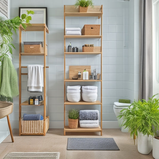 A modern bathroom with a wall-mounted, ladder-like shelving unit, baskets, and decorative containers, showcasing a clutter-free space with rolled towels, toiletries, and a few decorative plants.