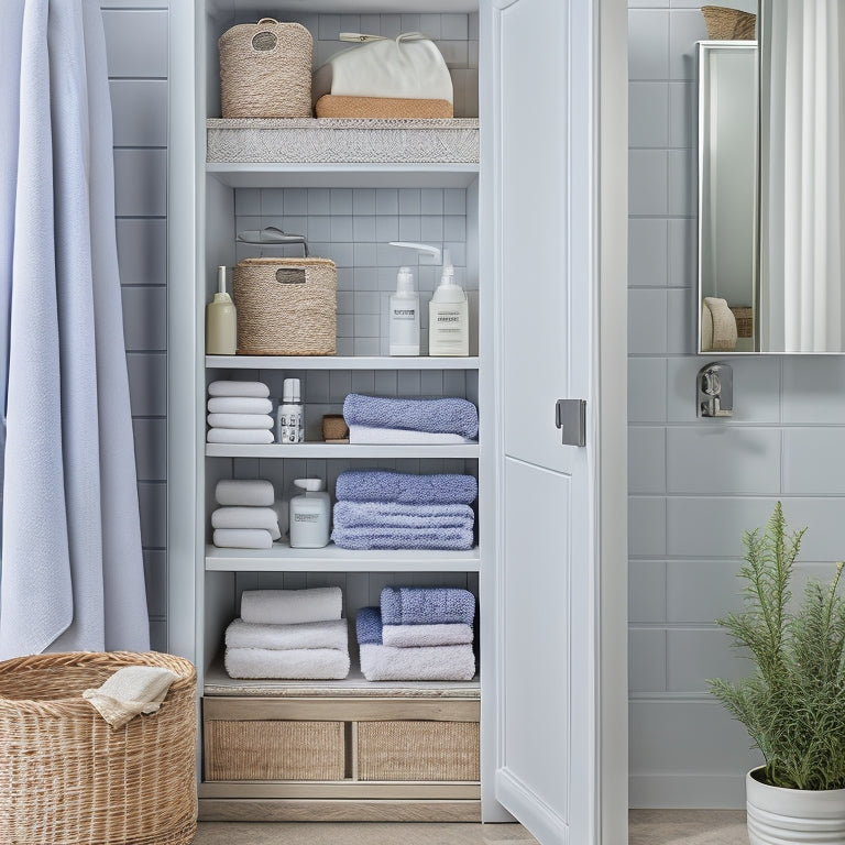 A tidy freestanding cabinet with glass doors, showcasing organized bathroom essentials: rolled towels, stacked skincare products, and a wicker basket holding toiletries, set against a calming, soft-gray background.