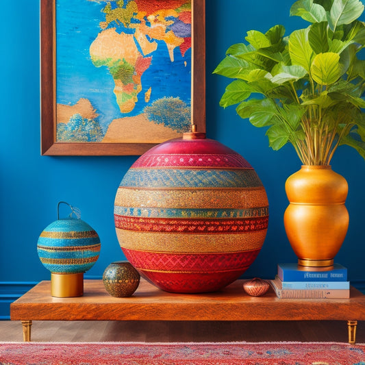 A stylized globe with a subtle, gradient-effect West Elm logo at its center, surrounded by eclectic, globally-inspired decorative accents, such as Moroccan tiles, Indian prints, and African woven baskets.