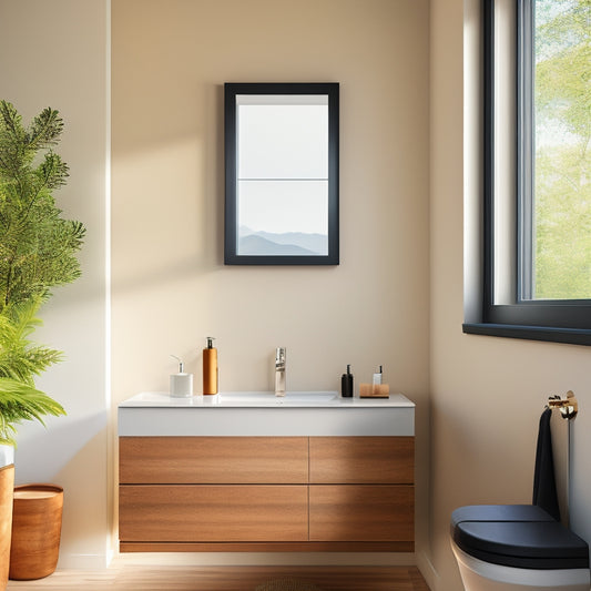 A sleek, minimalist bathroom vanity in a small space, featuring a floating design, matte black finishes, a white vessel sink, and warm wood accents, surrounded by soft natural light from a frosted window.