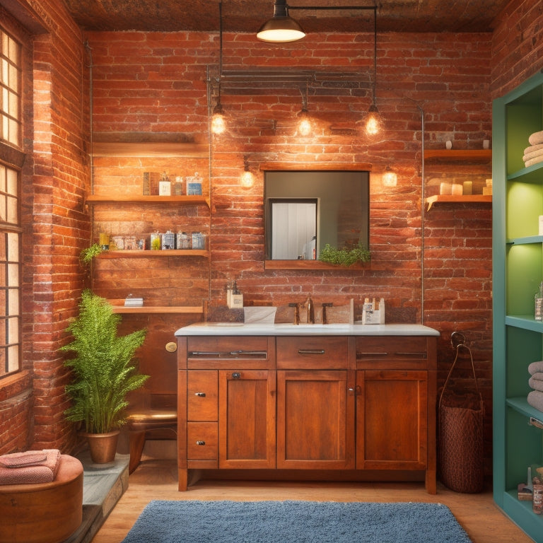 A clutter-free bathroom with exposed brick walls, featuring a metal-framed cabinet with industrial-style handles, filled with neatly arranged toiletries and towels, illuminated by a pendant light above.