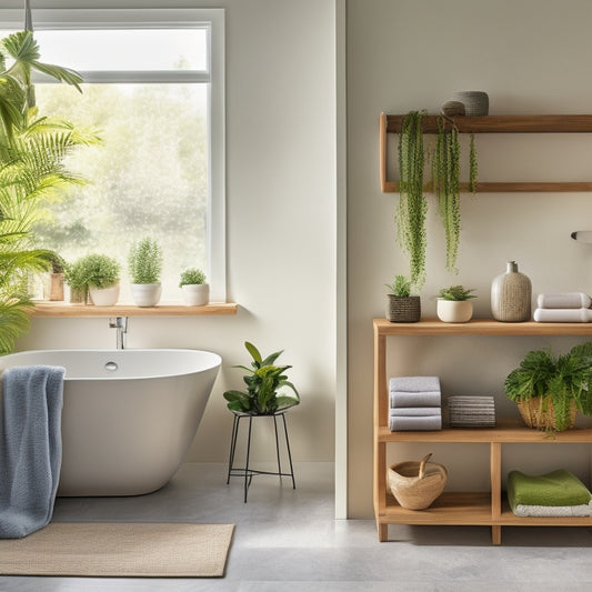 A sleek modern bathroom featuring open shelving with minimalist wooden frames, neatly arranged towels, and decorative plants, complemented by soft natural lighting and a chic freestanding tub, creating a serene and stylish atmosphere.
