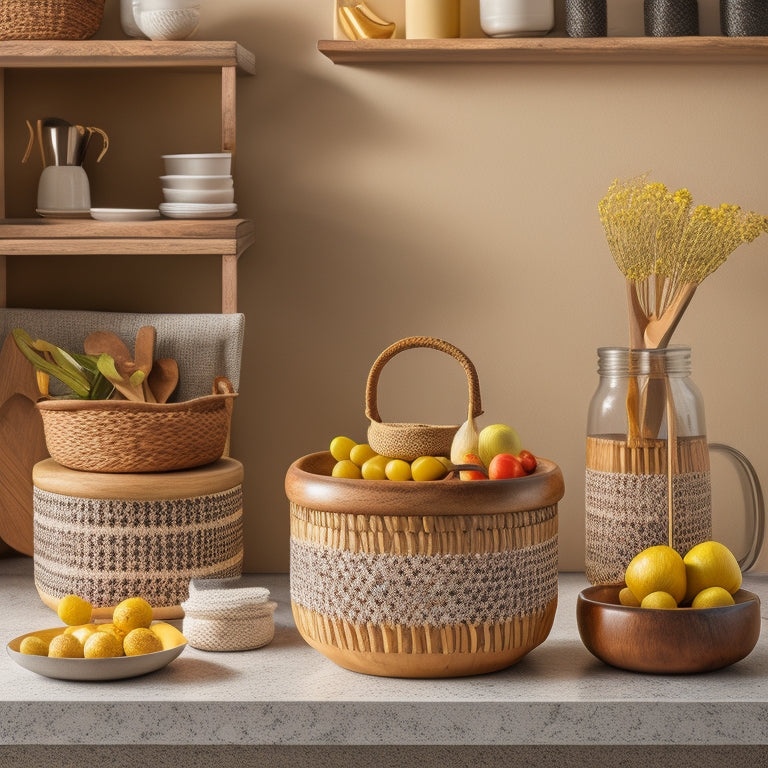 A stylized kitchen countertop with a tiered wooden utensil organizer, a ceramic canister set, a woven basket, and a modern turntable, all arranged artfully within a warm, inviting color scheme.