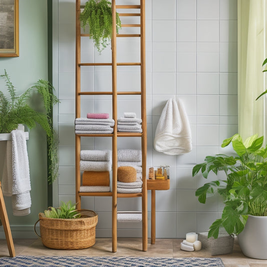 A chic bathroom scene showcasing elegant wooden shelves filled with neatly rolled colorful towels, a vintage ladder displaying hanging towels, and decorative baskets on a marble floor, complemented by lush green plants in the background.